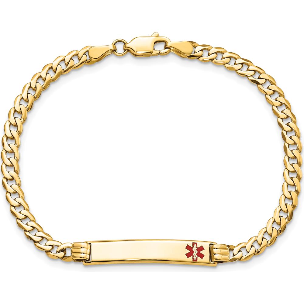 14K Yellow Gold Medical Alert Bracelet with Off-Center Red Enamel Symbol - 7" Curb Link Design by Oro Pregiato