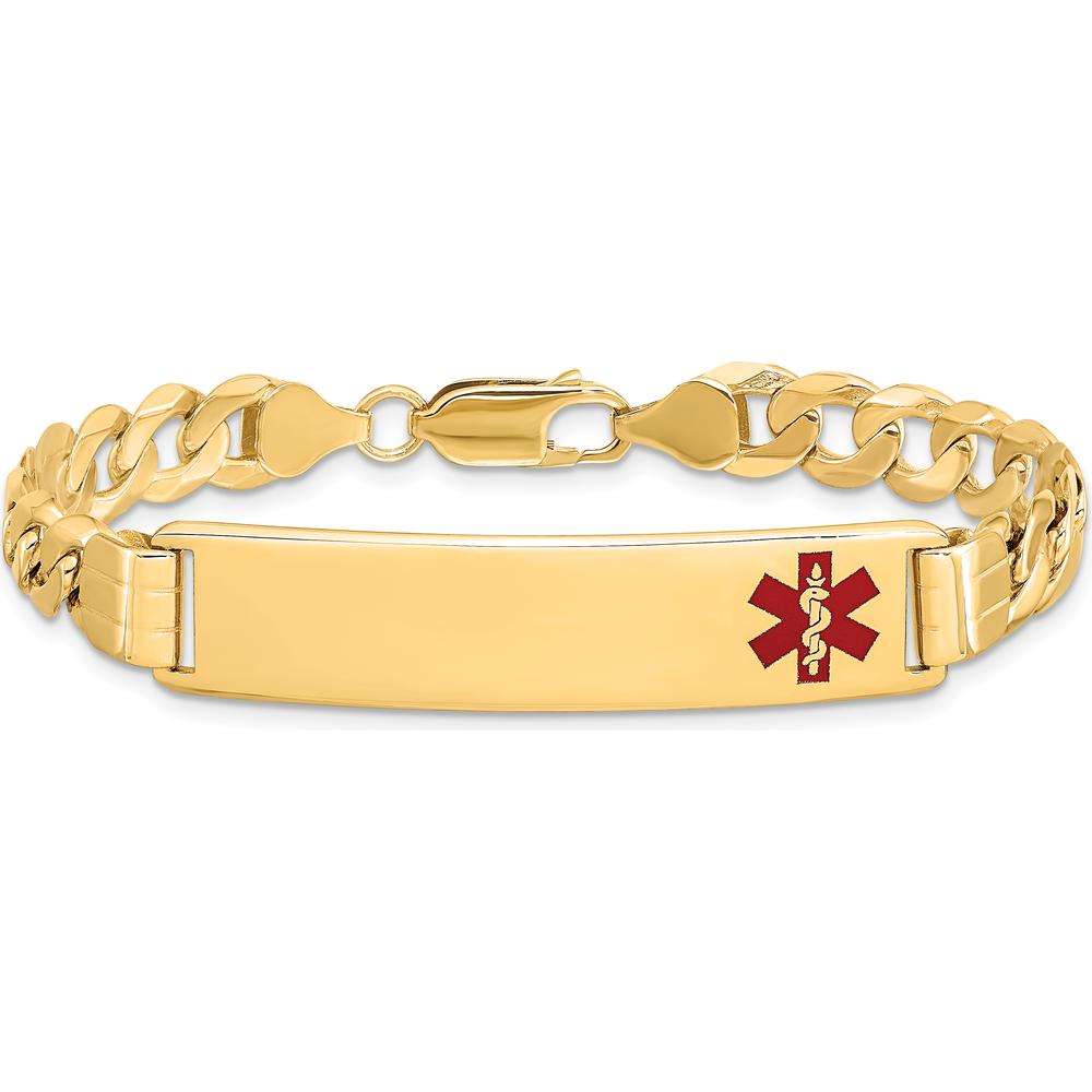 14K Yellow Gold Medical Alert Bracelet with Off-Center Red Enamel Symbol - 8" Curb Link Design by Oro Pregiato