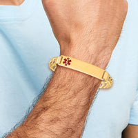 14K Yellow Gold Medical Alert Bracelet with Off-Center Red Enamel Symbol - 8" Curb Link Design by Oro Pregiato