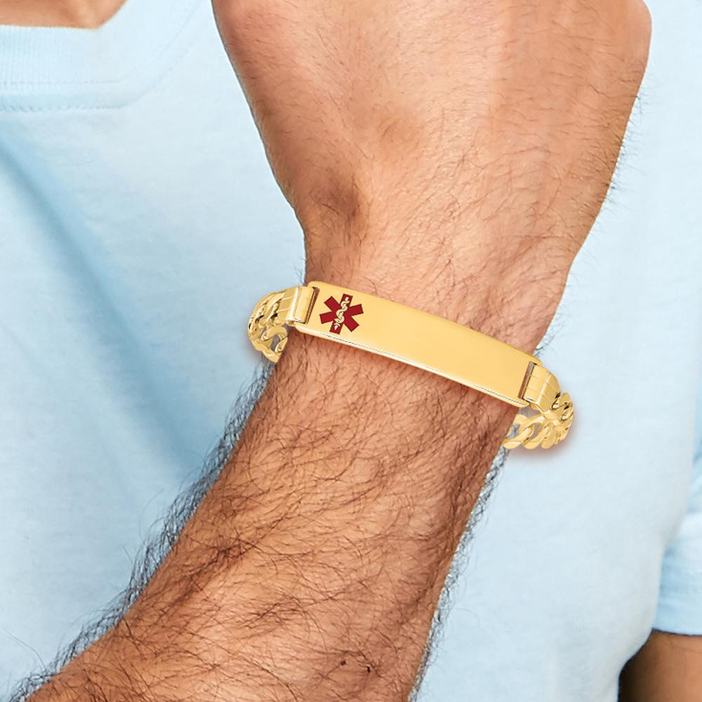 14K Yellow Gold Medical Alert Bracelet with Off-Center Red Enamel Symbol - 8" Curb Link Design by Oro Pregiato