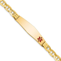 14K Yellow Gold Medical Alert Bracelet with Off-Center Solid Plate and Red Enamel Anchor Link - 7" Length by Oro Pregiato