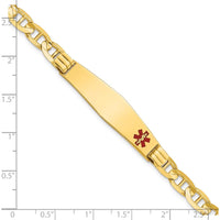 14K Yellow Gold Medical Alert Bracelet with Off-Center Solid Plate and Red Enamel Anchor Link - 7" Length by Oro Pregiato