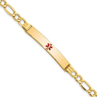 14K Yellow Gold Medical Alert Bracelet with Red Enamel 37x6mm Solid Plate on 8" Figaro Chain by Oro Pregiato