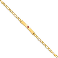 14K Yellow Gold Medical Alert Bracelet with Red Enamel 37x6mm Solid Plate on 8" Figaro Chain by Oro Pregiato