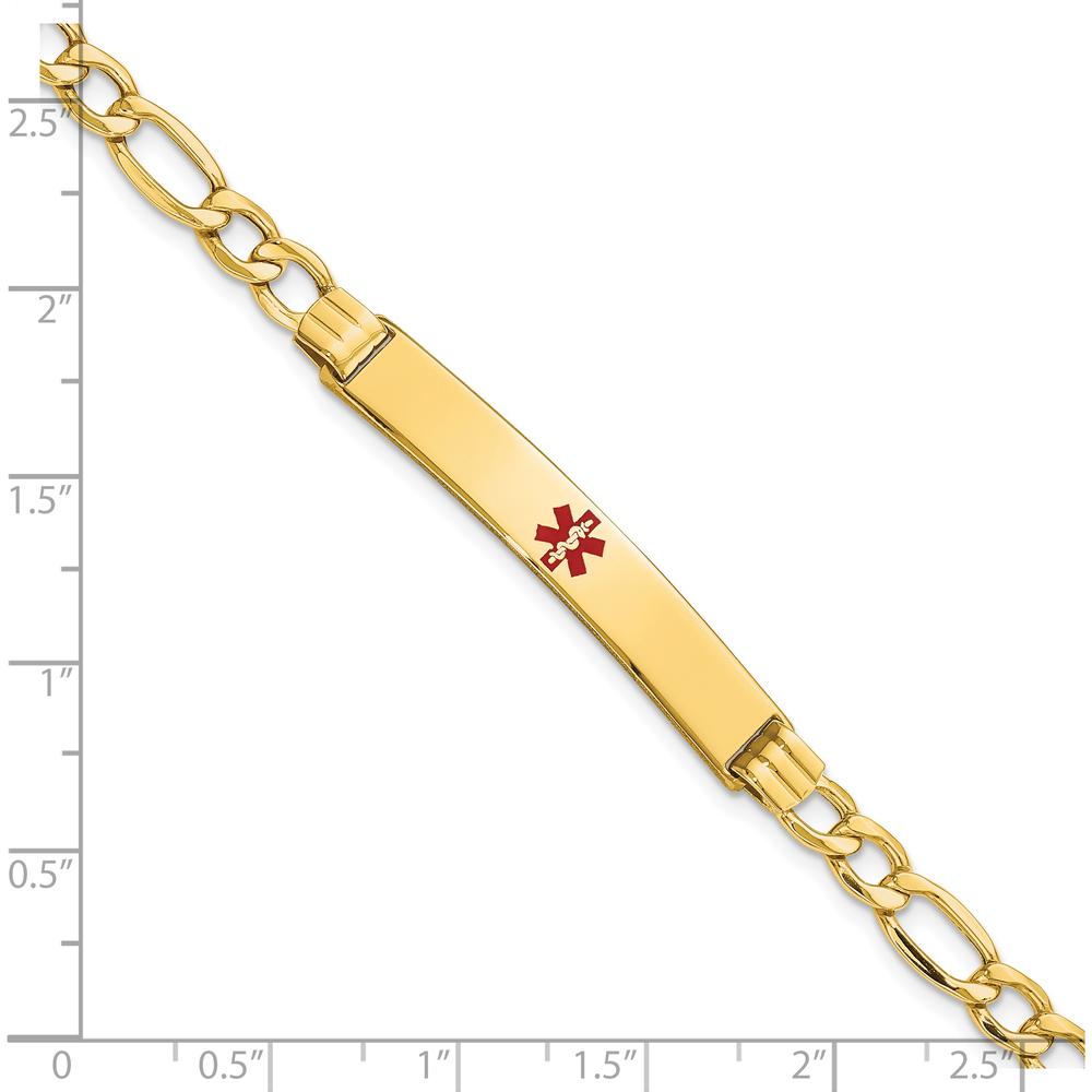 14K Yellow Gold Medical Alert Bracelet with Red Enamel 37x6mm Solid Plate on 8" Figaro Chain by Oro Pregiato
