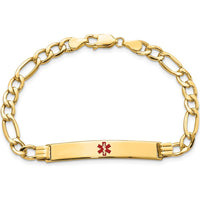 14K Yellow Gold Medical Alert Bracelet with Red Enamel 37x6mm Solid Plate on 8" Figaro Chain by Oro Pregiato