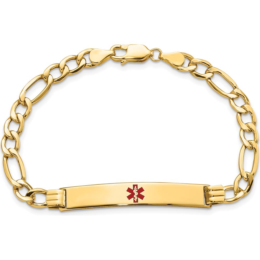 14K Yellow Gold Medical Alert Bracelet with Red Enamel 37x6mm Solid Plate on 8" Figaro Chain by Oro Pregiato