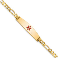 14K Yellow Gold Medical Alert Bracelet with Red Enamel - 7" Figaro Chain, Engravable Design by Oro Pregiato