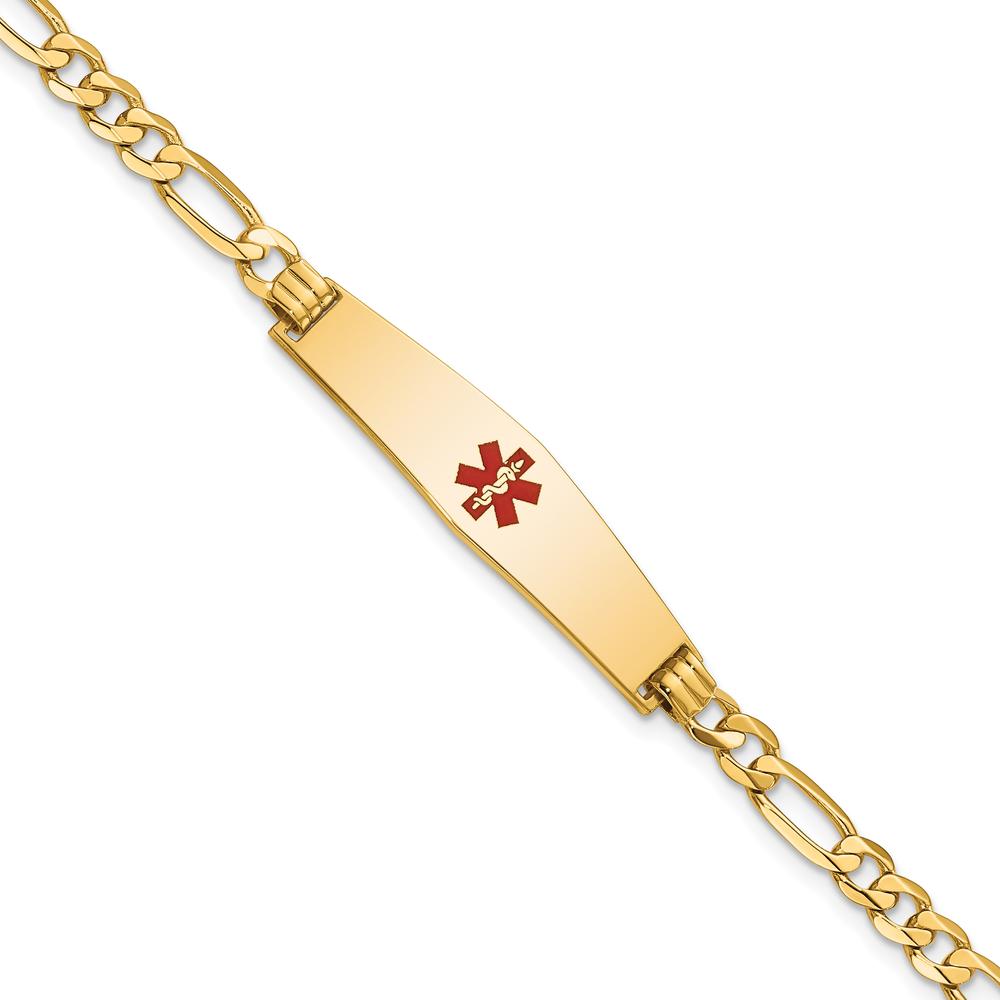 14K Yellow Gold Medical Alert Bracelet with Red Enamel - 7" Figaro Chain, Engravable Design by Oro Pregiato