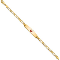 14K Yellow Gold Medical Alert Bracelet with Red Enamel - 7" Figaro Chain, Engravable Design by Oro Pregiato