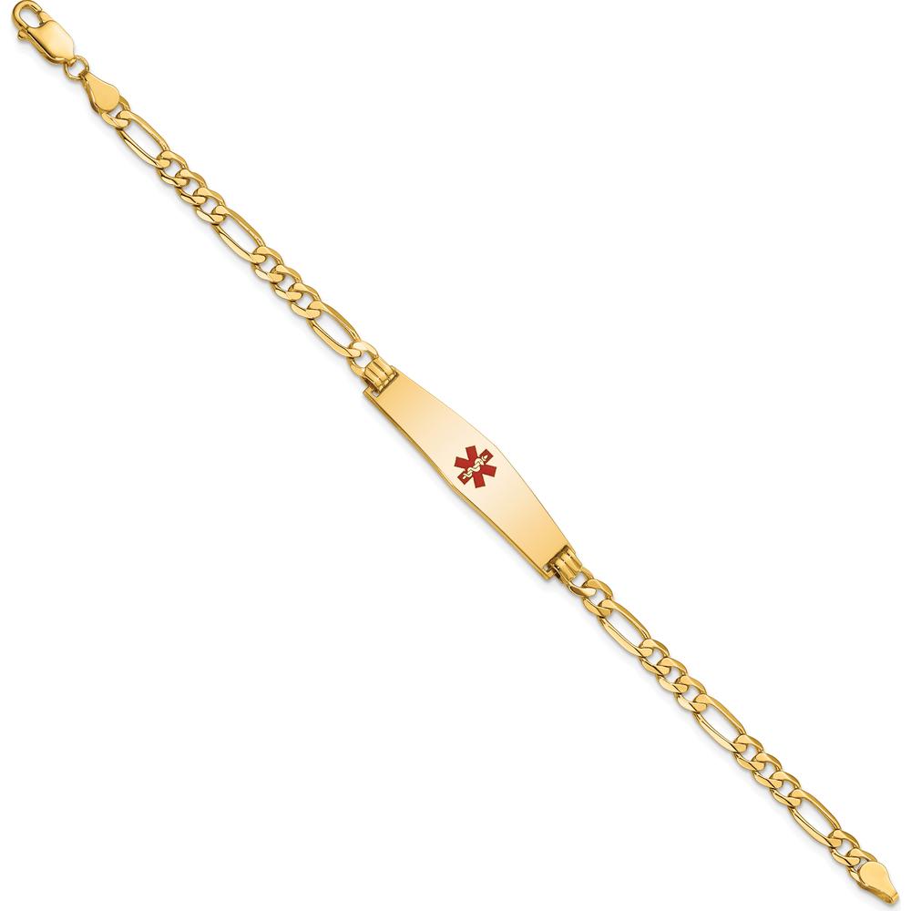 14K Yellow Gold Medical Alert Bracelet with Red Enamel - 7" Figaro Chain, Engravable Design by Oro Pregiato