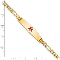 14K Yellow Gold Medical Alert Bracelet with Red Enamel - 7" Figaro Chain, Engravable Design by Oro Pregiato