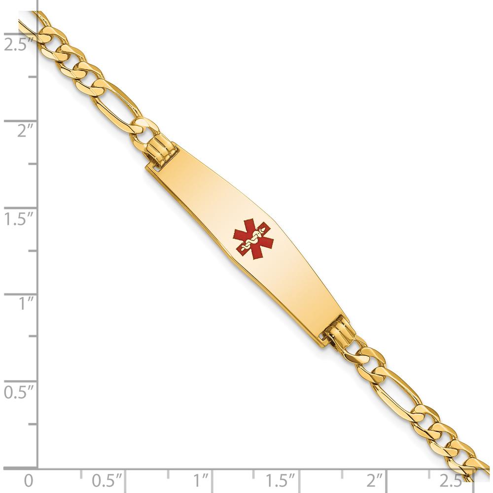 14K Yellow Gold Medical Alert Bracelet with Red Enamel - 7" Figaro Chain, Engravable Design by Oro Pregiato