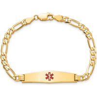 14K Yellow Gold Medical Alert Bracelet with Red Enamel - 7" Figaro Chain, Engravable Design by Oro Pregiato