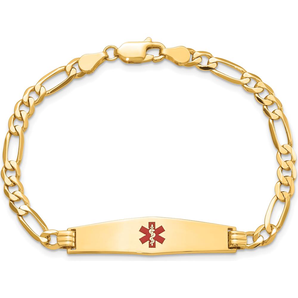 14K Yellow Gold Medical Alert Bracelet with Red Enamel - 7" Figaro Chain, Engravable Design by Oro Pregiato