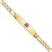 14K Yellow Gold Medical Alert Bracelet with Red Enamel 7" Figaro Link Chain by Oro Pregiato