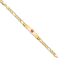 14K Yellow Gold Medical Alert Bracelet with Red Enamel 7" Figaro Link Chain by Oro Pregiato