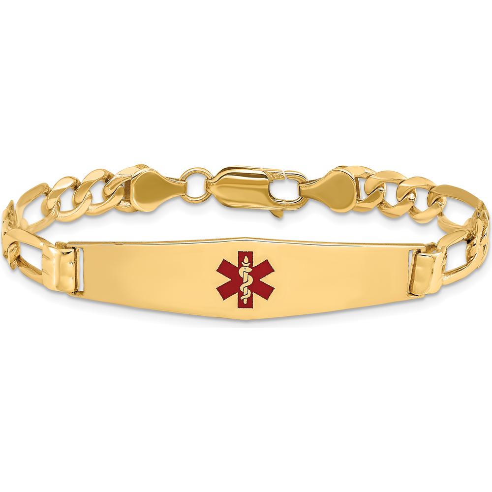 14K Yellow Gold Medical Alert Bracelet with Red Enamel 7" Figaro Link Chain by Oro Pregiato