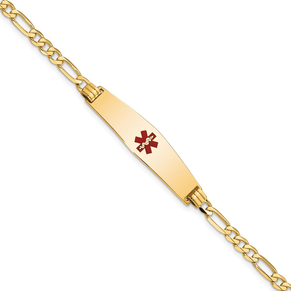 14K Yellow Gold Medical Alert Bracelet with Red Enamel - 8" Figaro Chain by Oro Pregiato