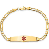 14K Yellow Gold Medical Alert Bracelet with Red Enamel - 8" Figaro Chain by Oro Pregiato