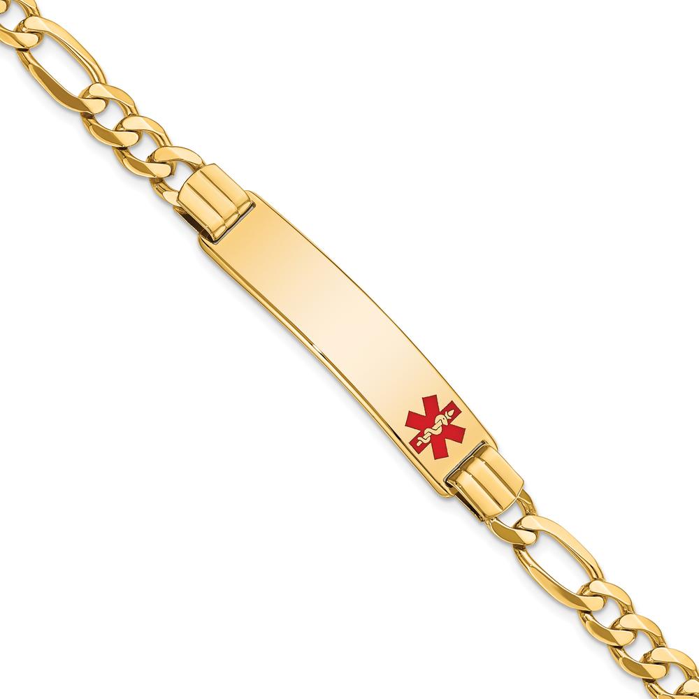 14K Yellow Gold Medical Alert Bracelet with Red Enamel - 8" Figaro Chain by Oro Pregiato