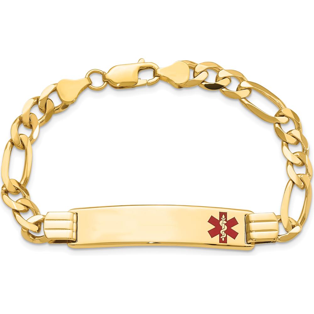 14K Yellow Gold Medical Alert Bracelet with Red Enamel - 8" Figaro Chain by Oro Pregiato