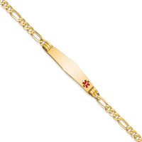 14K Yellow Gold Medical Alert Bracelet with Red Enamel Accent and Figaro Chain - 8" Length by Oro Pregiato