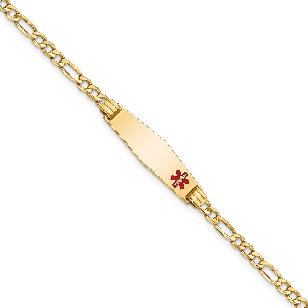 14K Yellow Gold Medical Alert Bracelet with Red Enamel Accent and Figaro Chain - 8" by Oro Pregiato