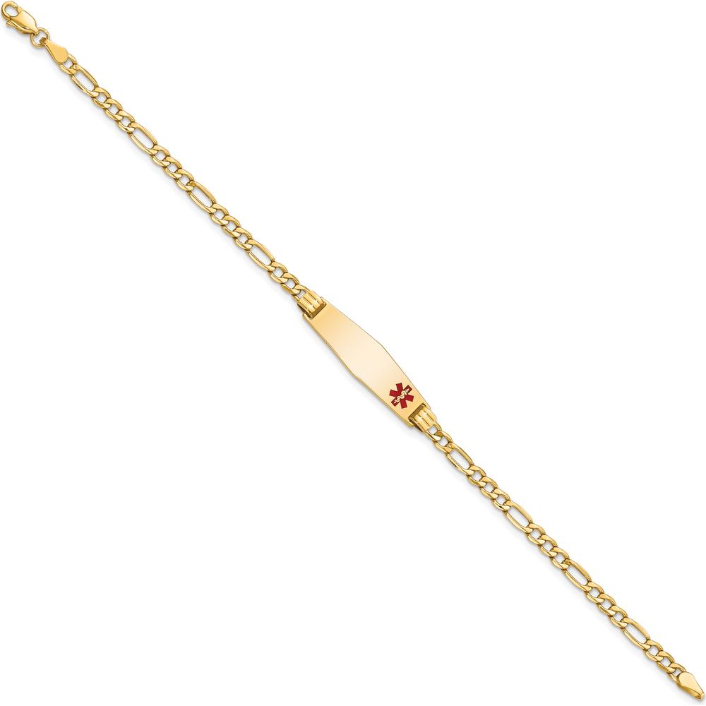 14K Yellow Gold Medical Alert Bracelet with Red Enamel Accent and Figaro Chain - 8" by Oro Pregiato
