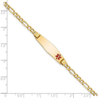 14K Yellow Gold Medical Alert Bracelet with Red Enamel Accent and Figaro Chain - 8" by Oro Pregiato