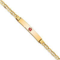 14K Yellow Gold Medical Alert Bracelet with Red Enamel Anchor Link and Polished Solid Plate - 7" Length by Oro Pregiato