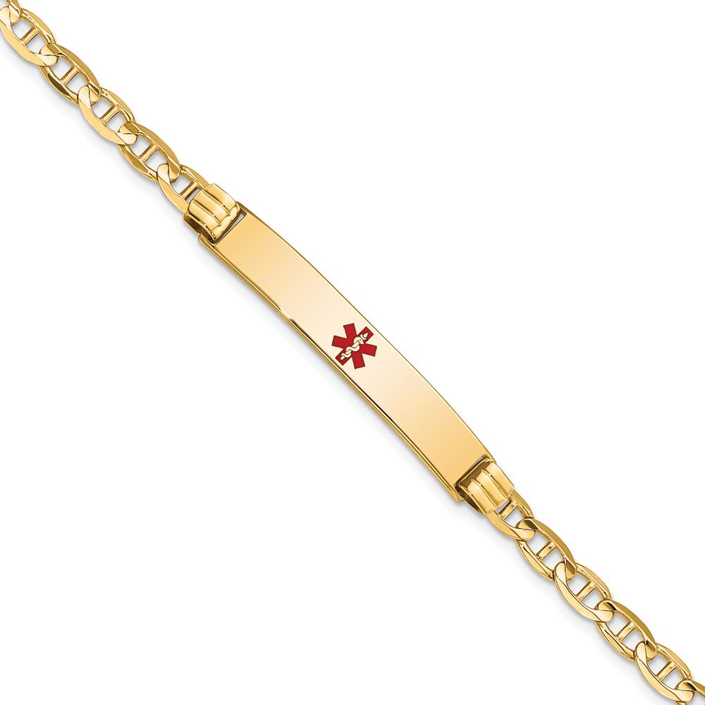 14K Yellow Gold Medical Alert Bracelet with Red Enamel Anchor Link and Polished Solid Plate - 7" Length by Oro Pregiato