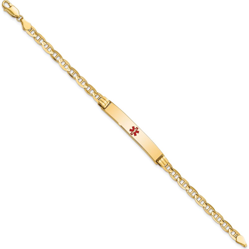 14K Yellow Gold Medical Alert Bracelet with Red Enamel Anchor Link and Polished Solid Plate - 7" Length by Oro Pregiato