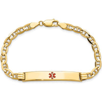 14K Yellow Gold Medical Alert Bracelet with Red Enamel Anchor Link and Polished Solid Plate - 7" Length by Oro Pregiato