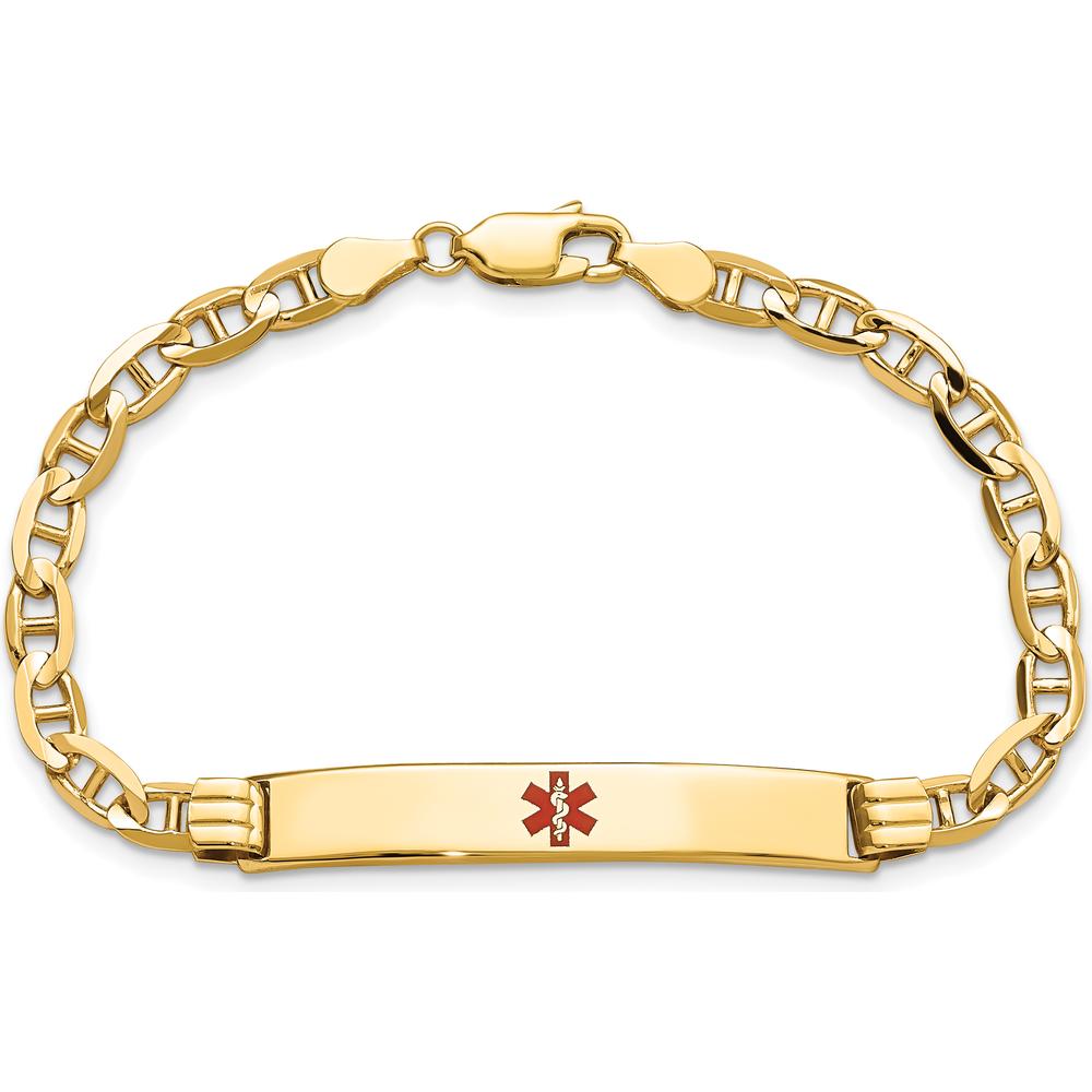 14K Yellow Gold Medical Alert Bracelet with Red Enamel Anchor Link and Polished Solid Plate - 7" Length by Oro Pregiato