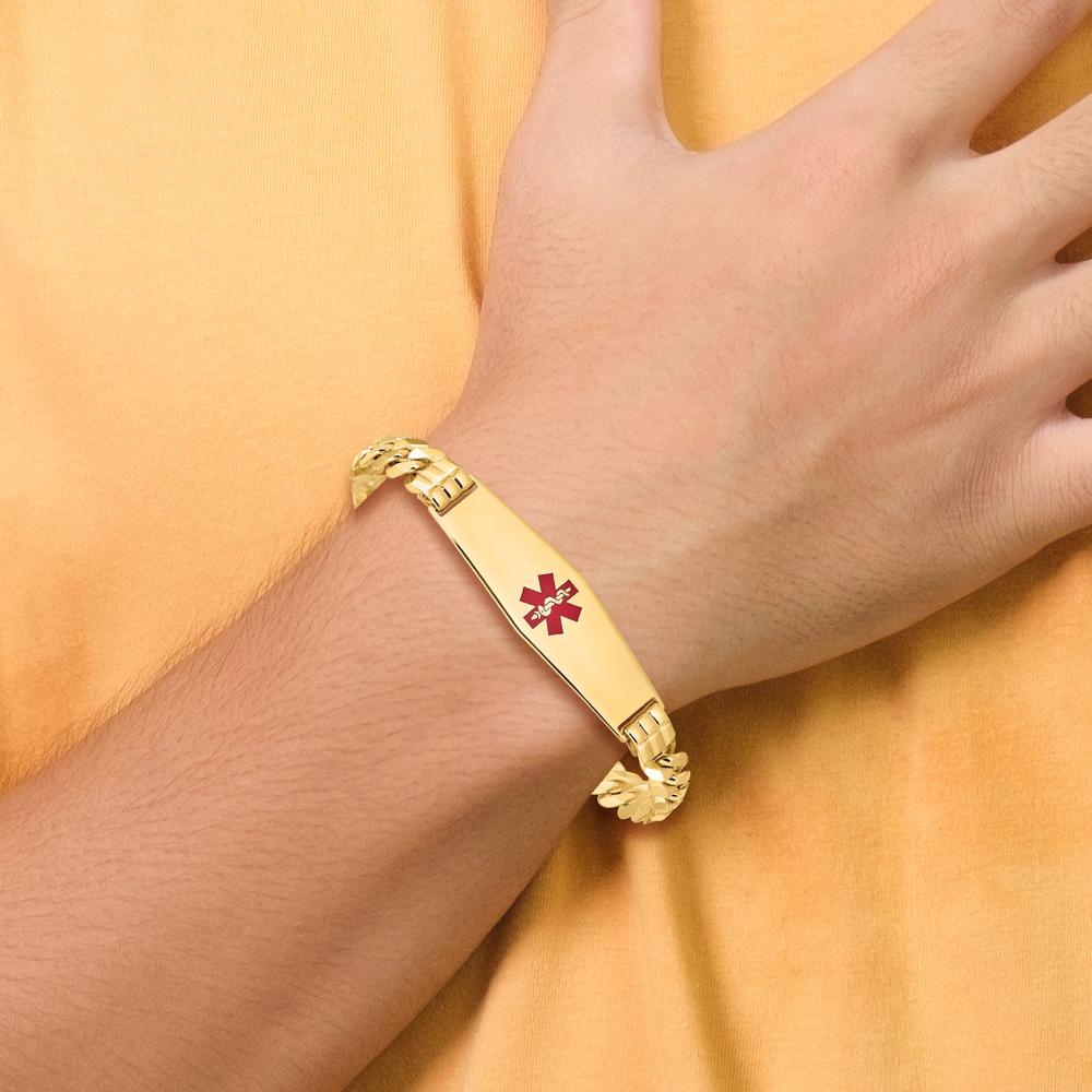 14K Yellow Gold Medical Alert Bracelet with Red Enamel and Curb Chain Design - 8" Length by Oro Pregiato