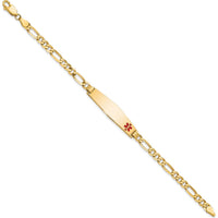 14K Yellow Gold Medical Alert Bracelet with Red Enamel and Figaro Chain - 7" Length by Oro Pregiato