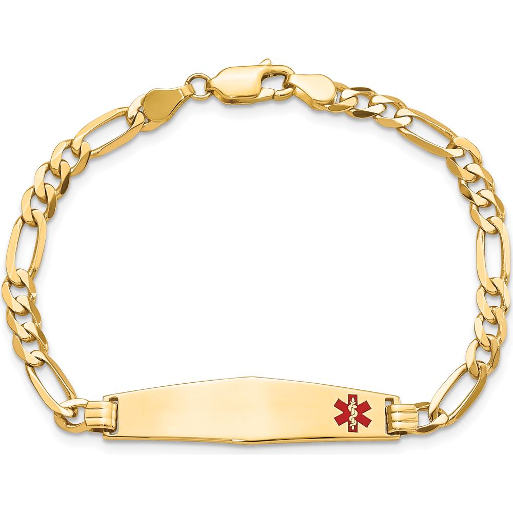 14K Yellow Gold Medical Alert Bracelet with Red Enamel and Figaro Chain - 7" Length by Oro Pregiato
