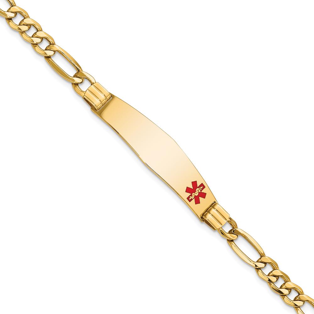 14K Yellow Gold Medical Alert Bracelet with Red Enamel and Figaro Chain - 8" Length by Oro Pregiato