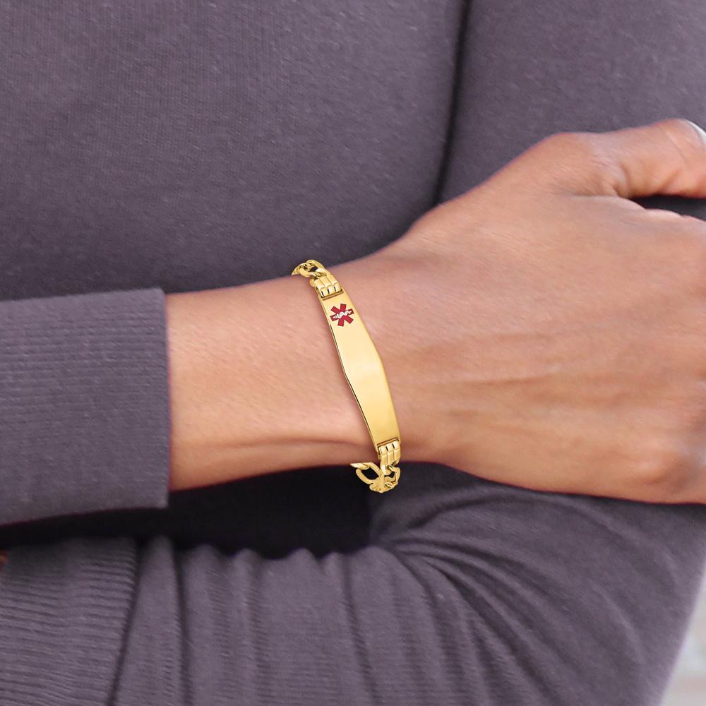 14K Yellow Gold Medical Alert Bracelet with Red Enamel and Figaro Chain - 8" Length by Oro Pregiato
