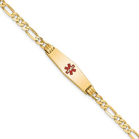 14K Yellow Gold Medical Alert Bracelet with Red Enamel and Figaro Chain - Engravable 8" Length by Oro Pregiato