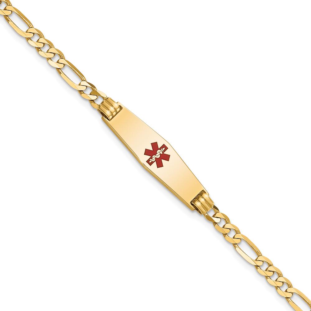 14K Yellow Gold Medical Alert Bracelet with Red Enamel and Figaro Chain - Engravable 8" Length by Oro Pregiato