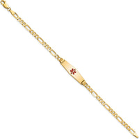 14K Yellow Gold Medical Alert Bracelet with Red Enamel and Figaro Chain - Engravable 8" Length by Oro Pregiato