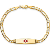 14K Yellow Gold Medical Alert Bracelet with Red Enamel and Figaro Chain - Engravable 8" Length by Oro Pregiato
