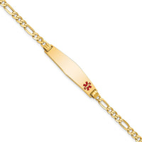 14K Yellow Gold Medical Alert Bracelet with Red Enamel and Figaro Link Chain - 7" Length by Oro Pregiato