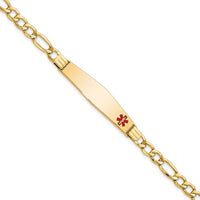 14K Yellow Gold Medical Alert Bracelet with Red Enamel and Figaro Link Chain - 7" by Oro Pregiato