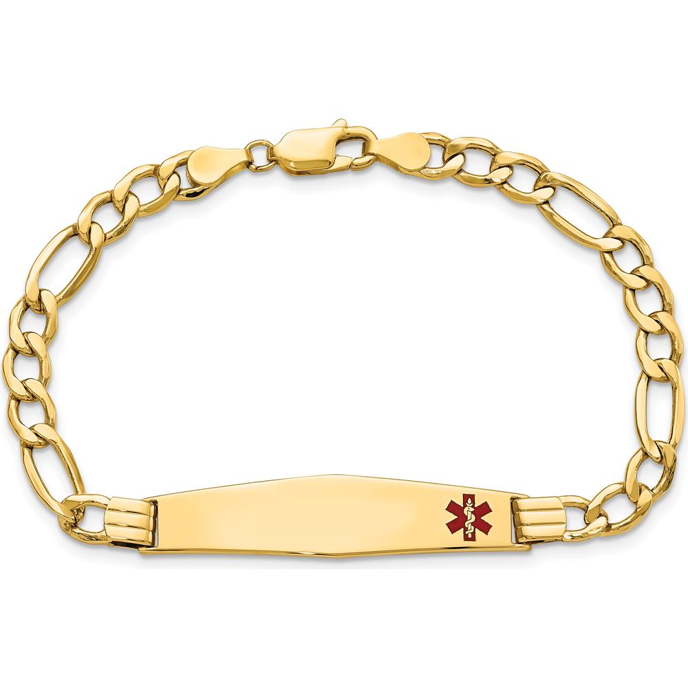 14K Yellow Gold Medical Alert Bracelet with Red Enamel and Figaro Link Chain - 7" by Oro Pregiato