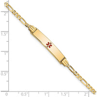 14K Yellow Gold Medical Alert Bracelet with Red Enamel and Figaro Link Chain - 8" Length by Oro Pregiato