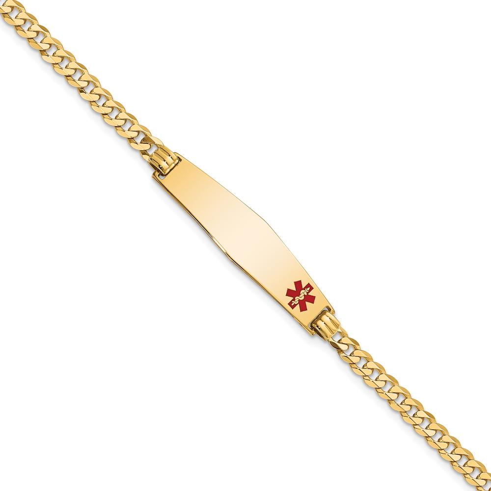 14K Yellow Gold Medical Alert Bracelet with Red Enamel and Polished Curb Links - 8" Length by Oro Pregiato