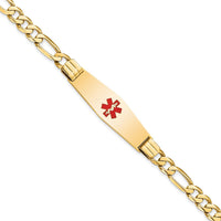 14K Yellow Gold Medical Alert Bracelet with Red Enamel and Polished Figaro Chain - 7" Length by Oro Pregiato
